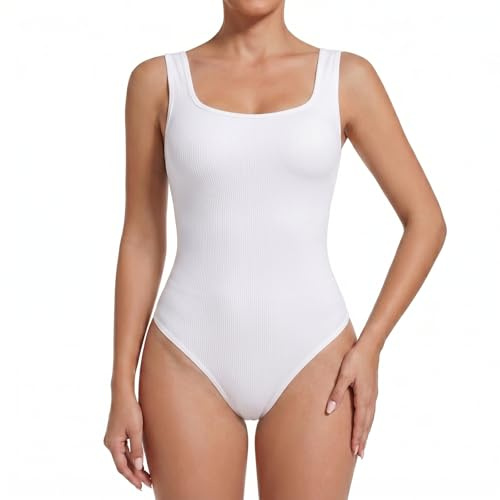 GEEKPC Seamless Sleeveless Bodysuit for Women, Square Neck Tummy Control Shapewear Top with Snap Closure, Ribbed Sculpting Waist, Wide Strap Shaper for Smooth Everyday Layering