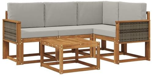 HETFTJN Juego de muebles de jardín de 5 piezas de madera de acacia, muebles de exterior con tapicería, conjunto modular para jardín, terraza y balcón, conjunto de asientos de madera maciza, gris claro