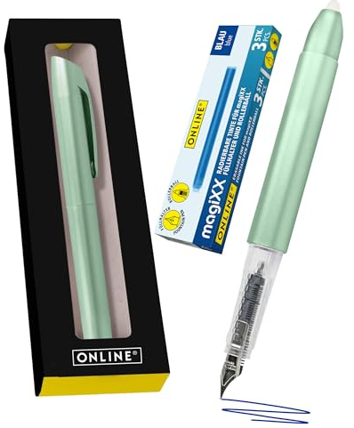 Online magiXX Metallic Green I Pluma estilográfica con tinta azul borrable, incluye 4 cartuchos magiXX, escribir, borrar y corregir en una pluma estilográfica como regalo para la escuela y la