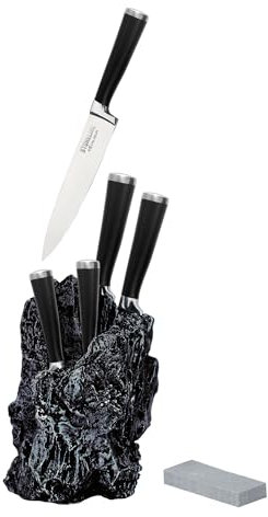 STONELINE EXCALIBUR Messerblock bestückt mit 5 Edelstahl Messer Rostfreier Spezialklingenstahl, Schleifstein, Profi Messer Set mit Block in Felsform, Kochmesser Allzweckmesser Schälmesser Küchenmesser