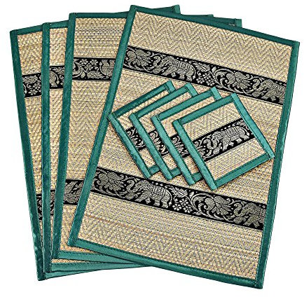 AeraVida Set of 4 Green Silk Trim Elephant Placemats with Coasters | Handcrafted Elephant-Themed Table Mats and Coaster Set for Elegant Dining