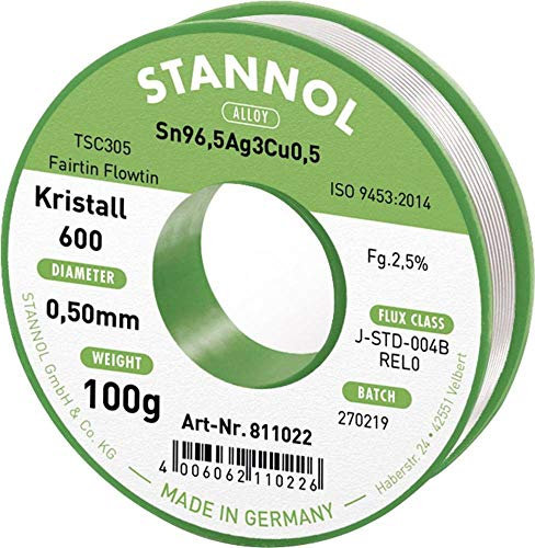 Stannol 811022 FLOWTIN TSC305 Fairtin Kristall 600 Lötdraht, 0,5mm Durchmesser, 100g Spulen