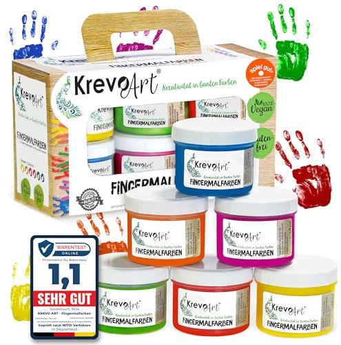 Krevo Art Fingermalfarben – ungiftige & auswaschbare Fingerfarben für Kinder ab 2 Jahre, 6 leuchtende Farben je 60ml, vegan & geruchlos – inkl. kreativer Malvorlagen für extra Malspaß!