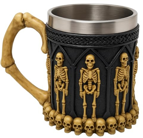 JRose Collections Reaper Skull Tankard – Gothic Skeleton Mug with Bone Handle – Stainless Steel Liner – 500ml