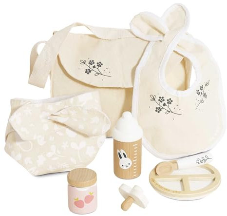 Le Toy Van - TV598 - Umstandstasche, Lernspiel für Puppen, Spielzeug für Mädchen ab 2 Jahren, Montessori, 8 Teile, aus natürlicher Baumwolle und FSC-Massivholz, inklusive Futter- und Wickelzubehör