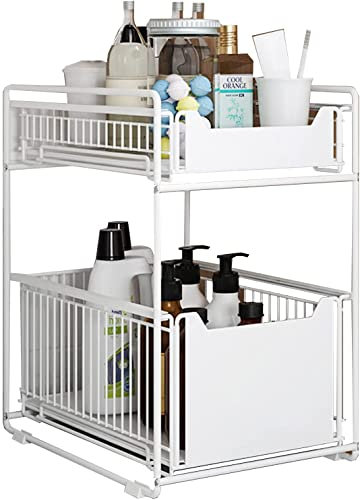 KOLENSA Cajón organizador extraíble, cesta deslizante de metal para cocina, encimera, despensa, baño, oficina escritorio (blanco)