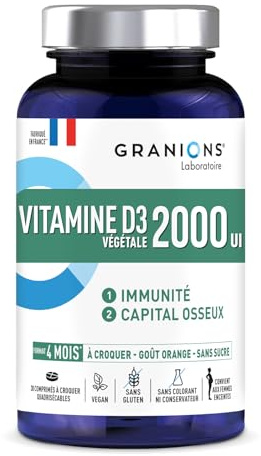 GRANIONS Vitamine D3 2000 Ui – Immunité Et Capital Osseux – Source Végétale Issue Du Lichen – 30 Comp à Croquer -jusqu’à 4 mois d’utilisation– Végétariens et Femmes Enceintes – Made In France