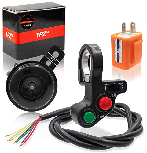 1PZ F04-IC1 22mm 7/8 Commutateur de Guidon de Moto Bouton Marche/Arrêt Interrupteur + Relais clignotant à 2 broches 12V + Klaxon, remplacement pour Honda Yamaha Suzuki Arctic VTT