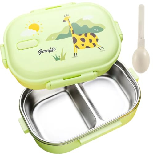 Bento Lunch Box, 720ml Food Lunch Containers for Kids Adult, Spoon, Green | Snack Boxes, 2 Compartments, Leak-Proof, with Spoon, Portable 304 Stainless Steel, Office School Kindergarten, Fruit Pasta