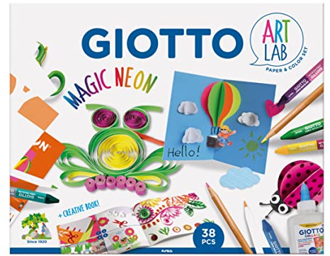 GIOTTO Set Creativo Magic Neon con Papel, Maxi Ceras de Doble Punta, Lápices de Colores, Pegamento y accesorios, 38 piezas