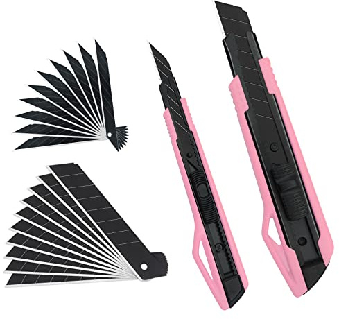 MANUFORE 2 Couteaux Utilitaires Rétractables Rose – Cutter 9mm 30° + Cutter 18mm avec 20 Lames, Idéal pour Bricolage et Découpe de Précision