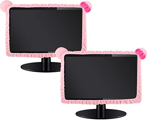 Hoteam 2 Stück 68,6 cm - 86,4 cm Kawaii Computer-Monitorabdeckung mit Katzenohren, rosa, pelzig, elastisch, Staubschutz, niedliches Schreibtischzubehör, staubdicht, Kawaii-Dekor für PC, TV, Laptop