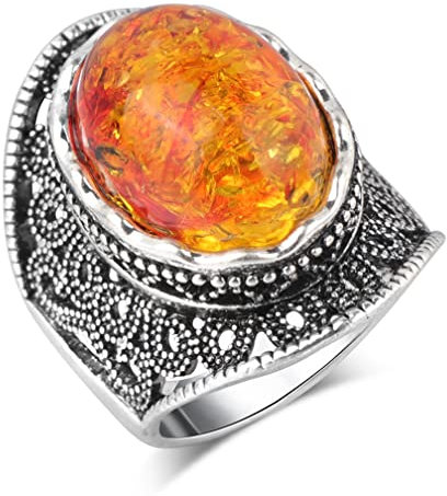 YAHOYA Ovales Harz simulierte Bernsteinringe für Frauen Blumenpflanze antike versilberte Ringe Modeschmuck