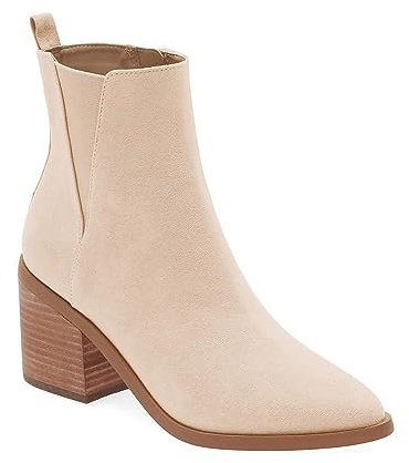 Coutgo Womens Pointed Toe Ankle Boots Chunky Block Stacked Heel Side Zipper Chelsea Fall Booties, Nude, Size 6.5