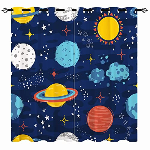 YUANZU Weltraum Vorhänge Kinder Planet Doodle Ösen Gardinen mit Blickdichte Thermo Vorhang Kälteschutz Blackout Curtain Kinderzimmer Schlafzimmer Verdunkelung Fenster, 2 Stück, H 160 x B 132 cm