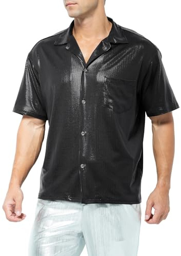 Casey Kevin Chemise Paillette Homme Tenue Disco Habillées Costume Col Pelle a Tarte T-Shirt Annee 80 Brillante Tenue de Soiree Vetement Clubwear Nuit de Fête