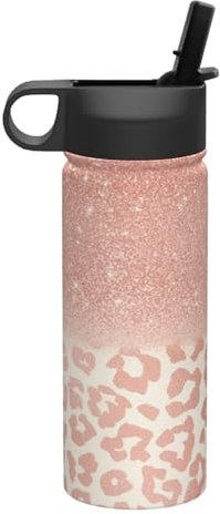 Isolierte Wasserflasche mit Strohhalm, Edelstahl, auslaufsicher, doppelwandig, Vakuum-Thermosflasche für Fitness, Fitnessstudio, Yoga, Sport, 530 ml, Pink Leopard