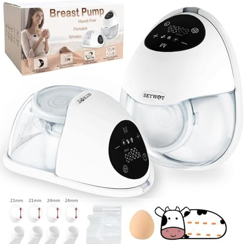 SKYWOT Wearable Breast Pump, Hands-Free Portable Breast Pump, Slim Design Perfectly Fits The Curve of Breast ｜Ultra Quiet & Strong Suction｜3 Flange Sizes (21mm/24mm/27mm)｜Long Battery Life