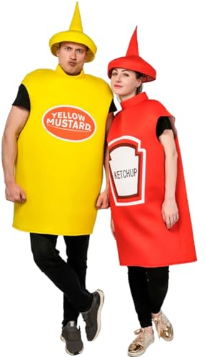 Costume De Cosplay Unisexe pour Adultes, 2 Pièces/Ensemble, Ketchup Moutarde, Déguisement pour Amoureux d'halloween, Tunique Alimentaire Amusante pour Couples, Tenue De