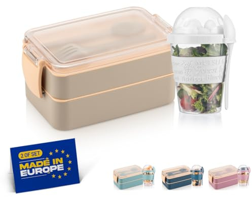 Winkly® Lunchbox, Brotdose kinder mit fächern (400+500) ml & 600ml Müslibecher - Bento Box To Go, 2-Fächer Bento & Besteck, Jausenbox für Mikrowelle & Spülmaschine, Brotdose schule, Picknick (Grau)