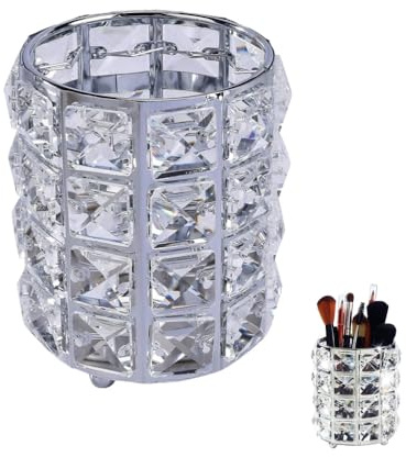 GYWHOOFT Kosmetikpinselhalter aus Kristall, Make-up-Pinselhalter aus Metall und Kristall, Make-up Pinselhalter Bürstenhalter Kosmetik Organizer Dekoration geeignet für Räume zu Hause(Silber)