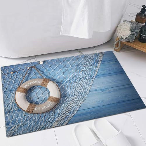 EMFSLA rutschfest Badezimmer Badeteppiche,Weich Hochflor Saugfähig Badvorleger Waschbar Flauschige Mikrofaser Badematte,Boje, Boje, Rettungsring auf schäbigem Natur-Antik-Look-Holz, Tourismu,40x60 cm