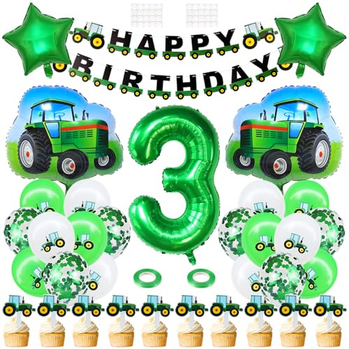 3rd Birthday Decoration Boys Green Tractor Birthday Decorations 3 Years old Children's Birthday Decoration Tractor Banner Foil Balloon Cake Toppers for Boys Girls Farm Theme Party Supplies