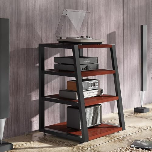 YVYKFZD 2/3/4-stufiger Audio Rack HiFi Regal, offener HiFi Rack Komponentenschrank, Phonoschrank Aufbewahrungsregal aus Holz mit verstellbaren Füßen, bodenstehender Record Player Stand(Color:Teak,Size