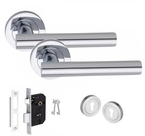 Golden Grace Straight T-Bar Key Lock Door Handle, Polished Chrome Set | Includes mortise lock, thumbturn, screws, and strike plate to easily reinforce your home security with a tidy look.