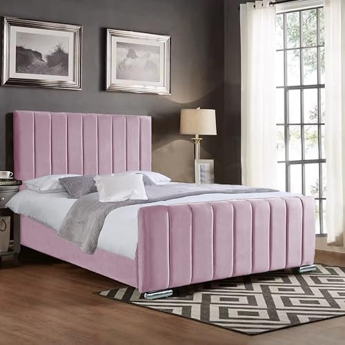 A. H Beds Panel Line Upholstered Small Double Bed frame with Headboard and Foot board - Small Double Bed 4FT - Wooden Bed Frame Small Double Bed - Pink Plush Velvet