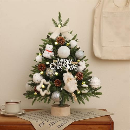 Mini Weihnachtsbaum, Kleiner Weihnachtsbaum, Weihnachtsbaum Klein Beleuchtet, Weihnachtsbaumschmuck Holz Klein KüNstlich GeschmüCkt FüR Weihnachten Deko Mit Sackleinen-Gewichtetem Sockel (#D,60 cm)