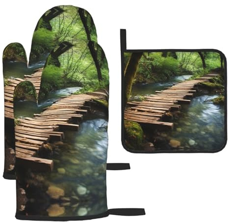 Oven Mitts and Pot Holders Set 3pcs Wooden Bridge Stream Water Printed Kitchen Oven Glove Oven Mitts and Potholder for Cooking Baking Grilling