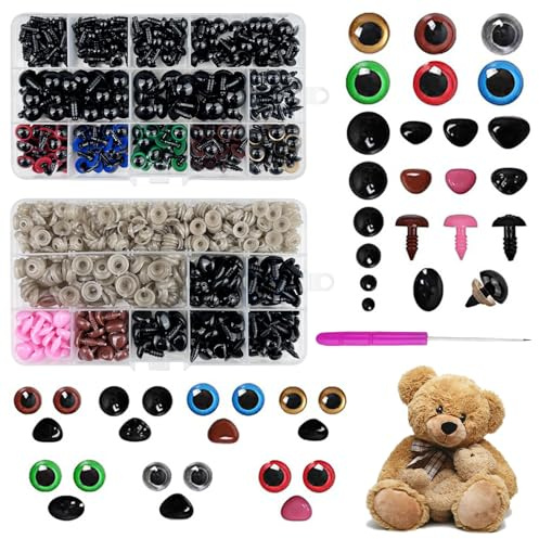 Chiluxendo Färgade plastögon och näsa med brickor, för hantverk, docktillverkning, Amigurumi plyschleksaker och virkade leksaker, blandade storlekar (Ø 5–14 mm)