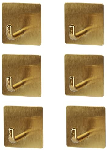 SSYR&P Juego de 6 Ganchos Adhesivos, Ganchos Adhesivos de Acero Inoxidable, Ganchos Impermeables Autoadhesivos 3M, No Requiere Perforación, Ideal para Cocina, Baño, Oficina. (dorado)