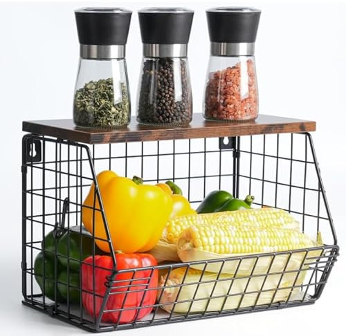 Gaethra Cestino Frutta, Metallo Cesto Frutta da Tavolo, Impilabile e Montabile a Parete Portafrutta Moderno, con Coperchio in Legno e 4 Ganci per Cesto di Frutta per Conservare Verdure Frutta Snack