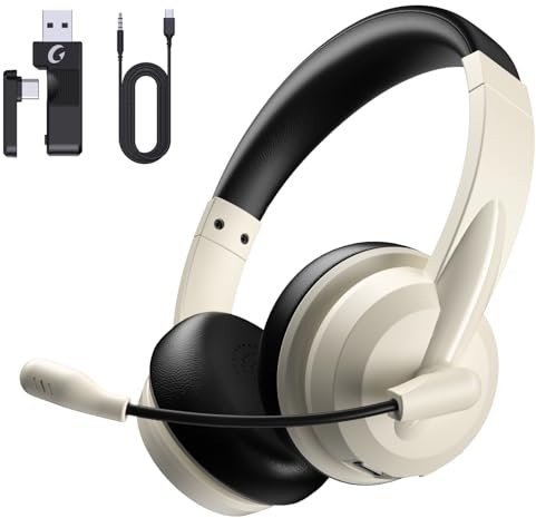 syndesmos Wireless Headset with Microphone, Adjustable Headband PC Headset, Multipoint Connect, bluetooth headphones V5.3 for Phone, Tablet, Call Center, Office, Meeting, Class, Business (Beige)