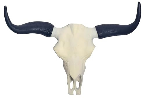 FineBuy Deko Geweih Büffel-Schädel Weiß 55,5 cm Aluminium Design Stierkopf, Wanddekoration Horn Modern, Wandskulptur mit Hörner, Geweih-Jagdtrophäe Metall, Wandschmuck Groß