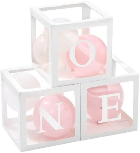 One Balloon Box First Birthday Balloons Boxes, 1st Birthday Party Decorations Supplies Includes 1 Square Clear Box Cube and 24 Latex Balloons for Gender Reveal Photo Shoot Prop Decorations Backdrop