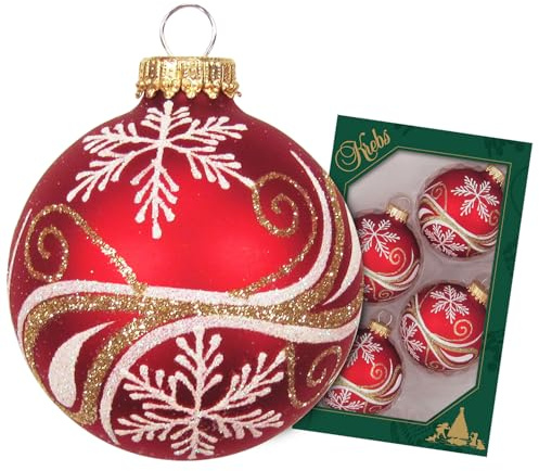 Krebs Glas Lauscha Weihnachtsdekoration/Christbaumschmuck aus Glas - Weihnachtskugeln - Motiv: Rot/Gold Schneeflocken - 4 Stück - Größe: ca. 7 cm