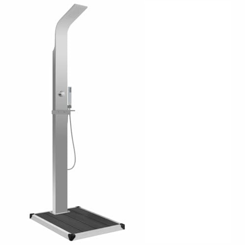 IKAYAA Ducha Exterior para Piscinas con Suelo de WPC, Ducha para Jardín en Acero Inoxidable, Cabezal de Ducha y Alcachofa de Mano, Multiuso Bonito, 15 x 44 x 210 cm,Gris