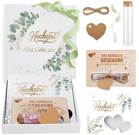 Hochzeit Geldgeschenk, Personalisiert Hochzeitsgeschenk für Brautpaar, Inklusive Geschenkbox Hochzeit, Holz Hochzeitskarte Geldgeschenk, Bänder, Geldgeschenk Geschenkverpackung (Eukalyptus)