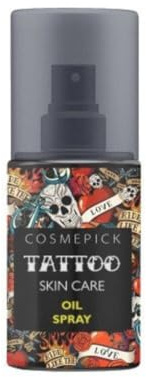 CosmePick Tattoo Öl Spray – Tattoo Pflege für neue & alte Tattoos – Glanz, Feuchtigkeit & Hautelastizität – vegane Tattoo Pflege – 50 ml Spray für leuchtende Farben (1)