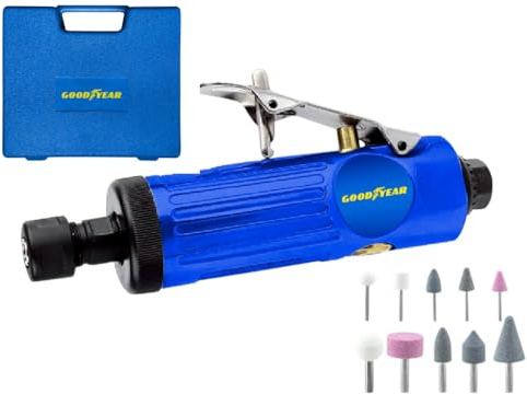 Goodyear - Smerigliatrice diritta pneumatica professionale 22000 rpm 1/4 e 1/8, lega di alluminio, kit con 10 pietre per affilare, 2 mandrini e accessori inclusi