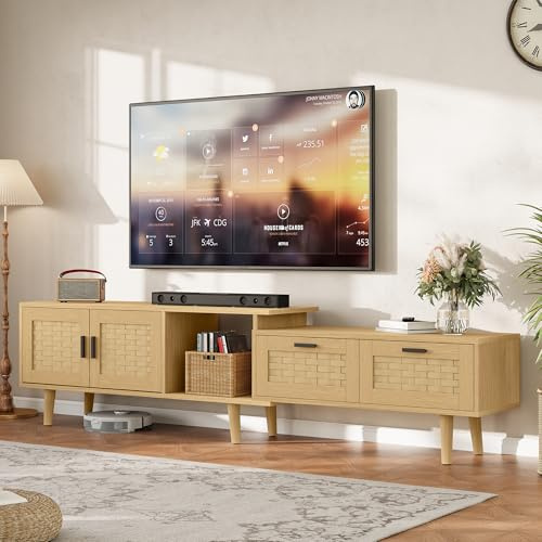 RXMORI TV Schrank 146/180 cm, Rattan Lowboard für 80-Zoll-Fernseher, Dehnbar,Fernsehtisch mit 2 Türen, 2 Schublade, Rustikaler Sideboard, für Wohnzimmer Esszimmer (Holzfarbe, 30 x 30 x 140/180 cm)