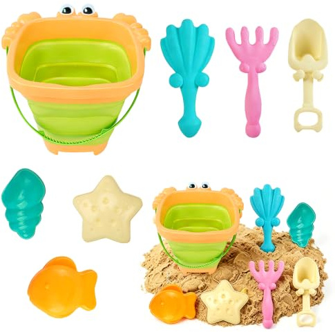 HATFRYF Beach Sand Toys for Kids, Foldable Beach Bucket And Spade Set, Kids Beach Toys Set, Play Sand Toy with Shovels and Sea Animal Soft Molds, Summer Outdoor Toy for Kids Toddlers Boys Girls-7pcs