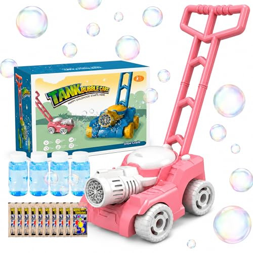 SaiXuan Tosaerba a Bolle per Bambini con Luce, Macchina per Bolle di Sapone da Esterno, con 4 Flaconi da 50 ml e 10 Bustine Concentrate, Giocattolo Rosa per Giardino, Cortile e Parco