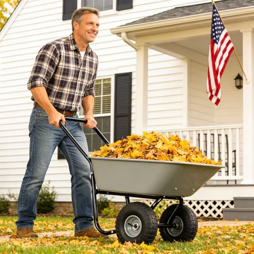 TERRUPEX10 Inch Pneumatic Wheel Garden Cart, 35L Large Capacity & Leak-Proof Two-Wheeled Yard Wagon with Heavy-Duty Steel Frame, Lightweight Utility Hand Truck for Soil, Lawn, Home (Gray)