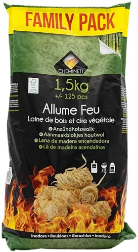 Cheminett - Laine de Bois - Allume Feu 100% Naturel - 1,5 kg, +/- 125 Pièces - À Base de Cire Végétale PREMIUM et de Bois Certifié FSC - Temps de Combustion 8 à 10 min