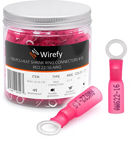 Wirefy 150 PZ Connettori Occhiello M5 - Kit Terminali Anello Termoretraibili - Capicorda Elettrici Crimpare - Rosso 0,34-1,5 mm²