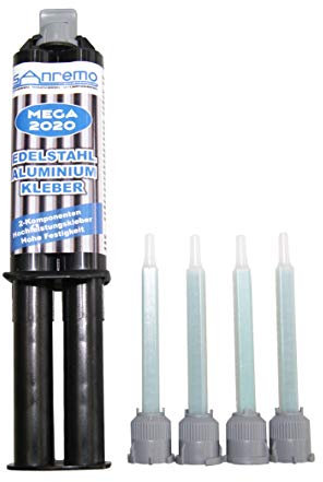 Sanremo MEGA 2020 Colle pour acier inoxydable et aluminium 25 ml + 4 buses de mélange Colle 2 composants